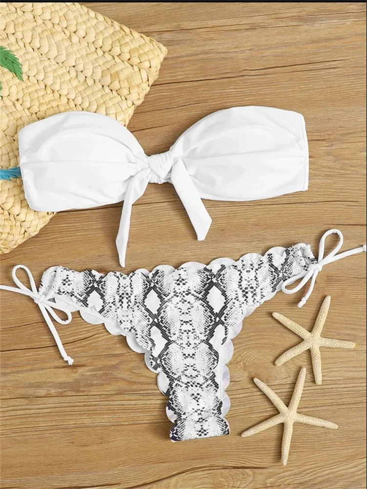 Sexy Front Lace Up Tie Bandeau Leopard Push Up Ruffled Bow Bathing Suit