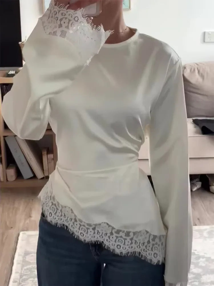 Satin Lace Top Women Casual Loose Long Sleeves