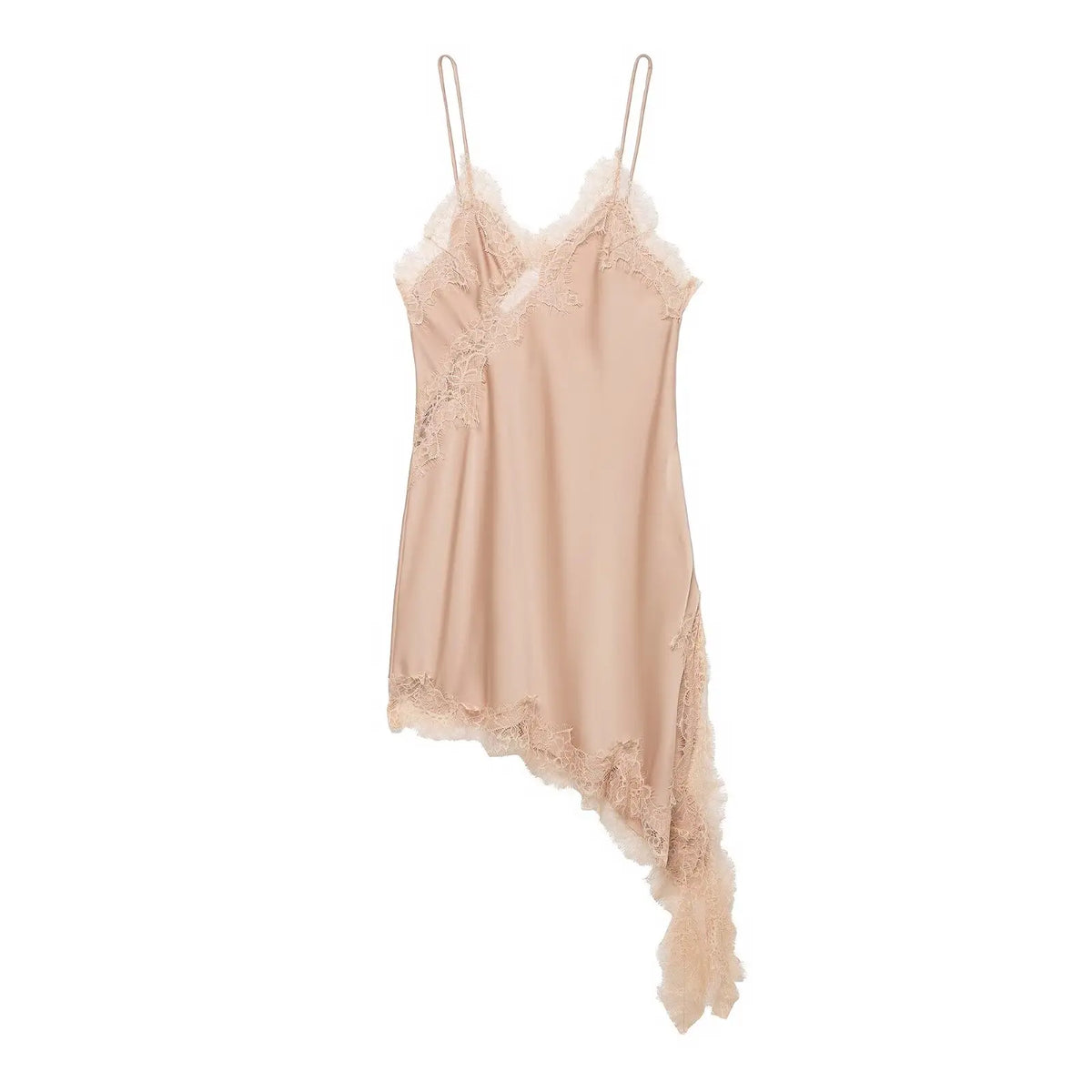 Satin Sexy Lace Spliced Short Sling Dress Asymmetrical  ﻿