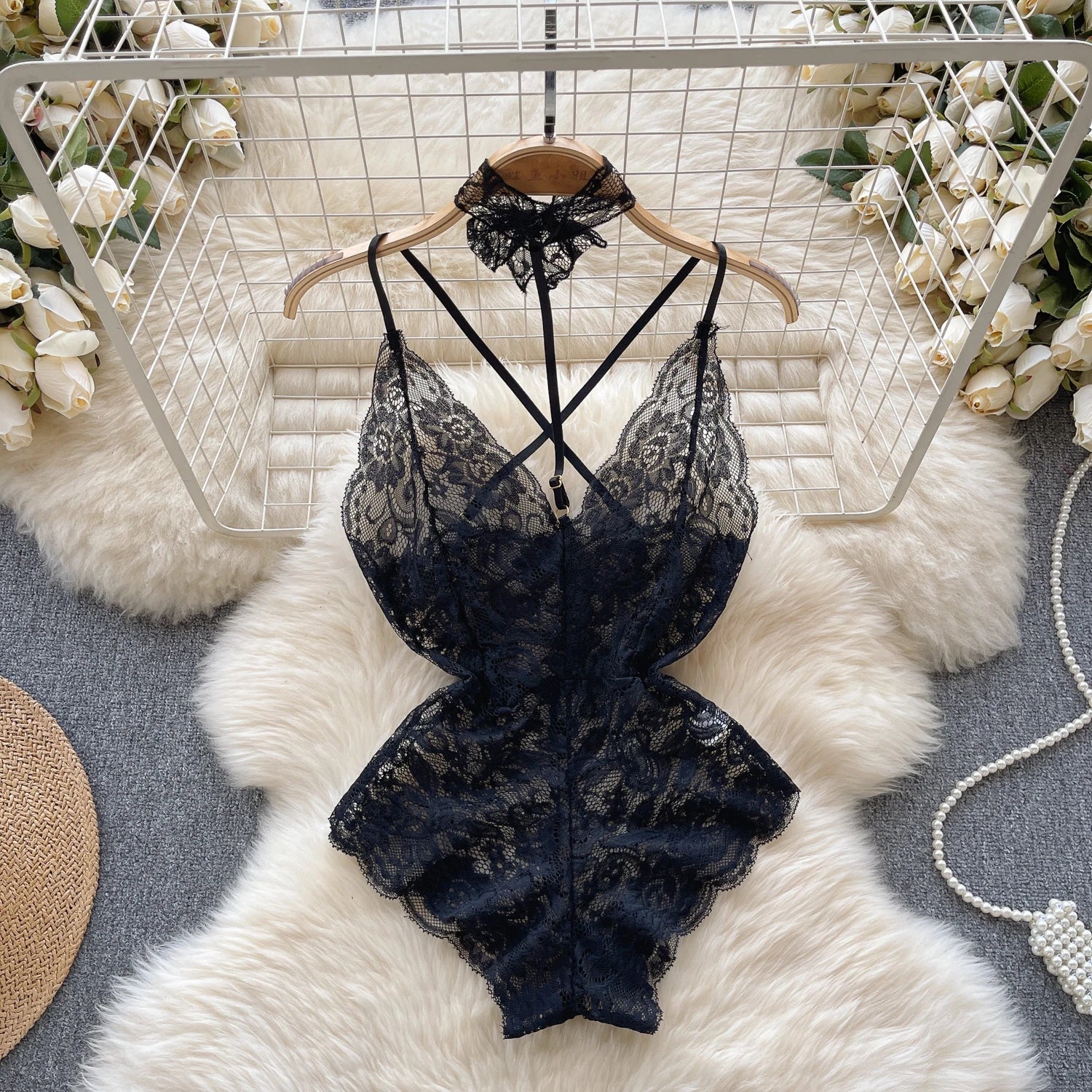 Sexy Lace Strap Jumpsuit Slim Fit Transparent Erotic Lingerie Catsuit