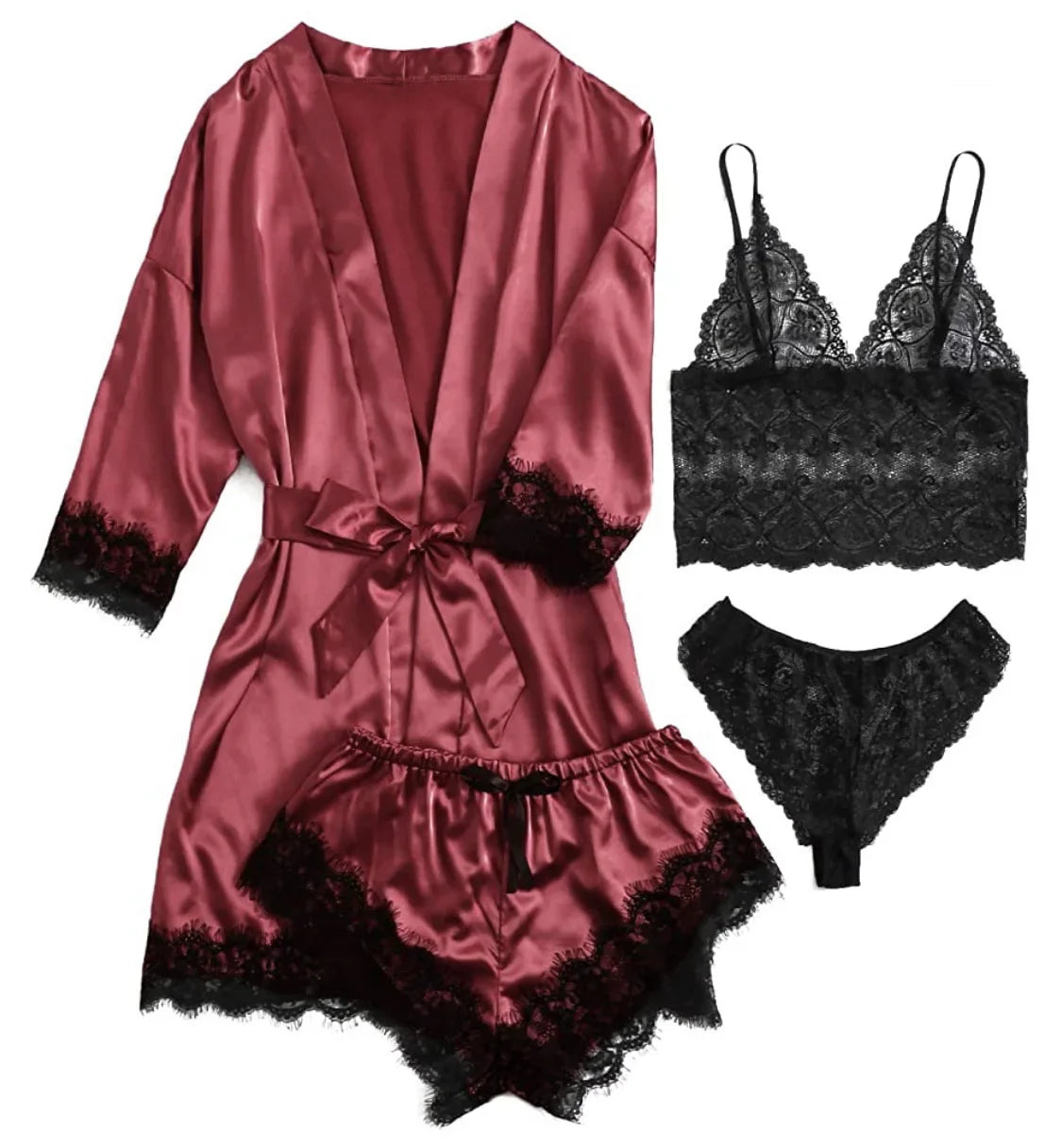 Women's Sexy Pajamas Lingerie Shorts 4-piece Lace Camisole Pajama Set