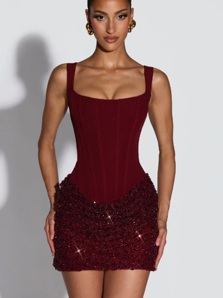 Sexy Sequin Sling Mini Dress Chic Off-shoulder Backless Waist Cinching