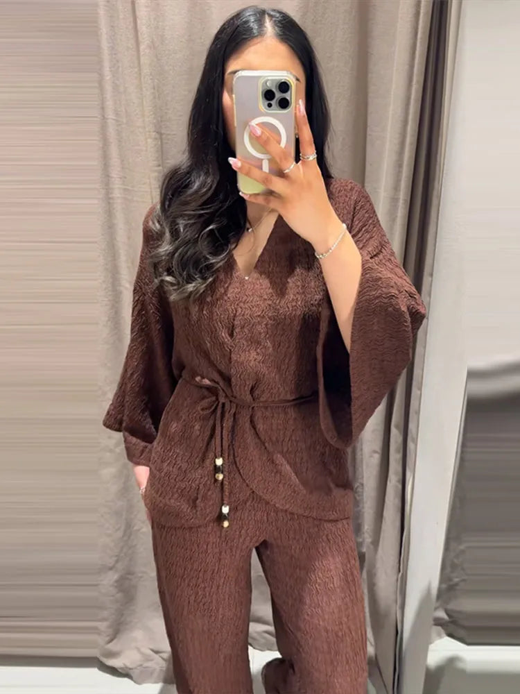 Tie Front Textured Women Set V-Neck Loose Set Wide Sleeve Drawstring Pants