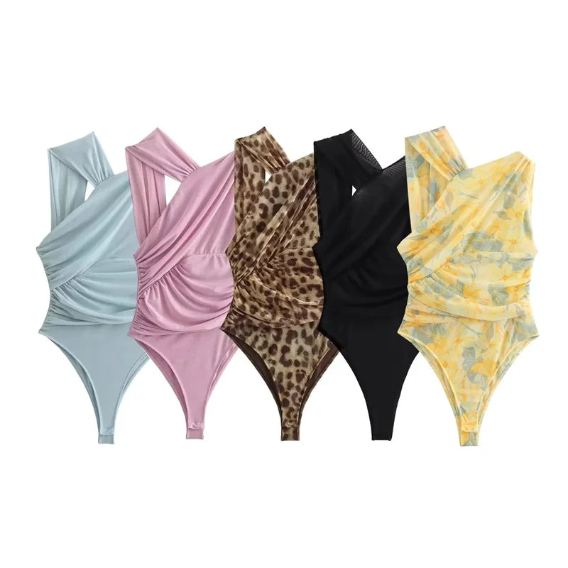 Leopard Print Mesh Bodysuit Women Off Shoulder Tight Bodysuit