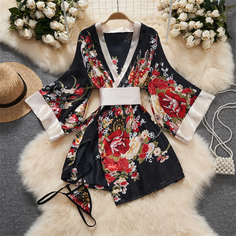 Japanese Sexy Print Kimono Women's Erotic Lingerie