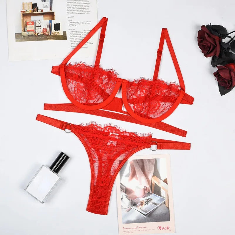 Lace Transparent Underwear Fairy Embroidery Brief Sets Delicate Bra Set
