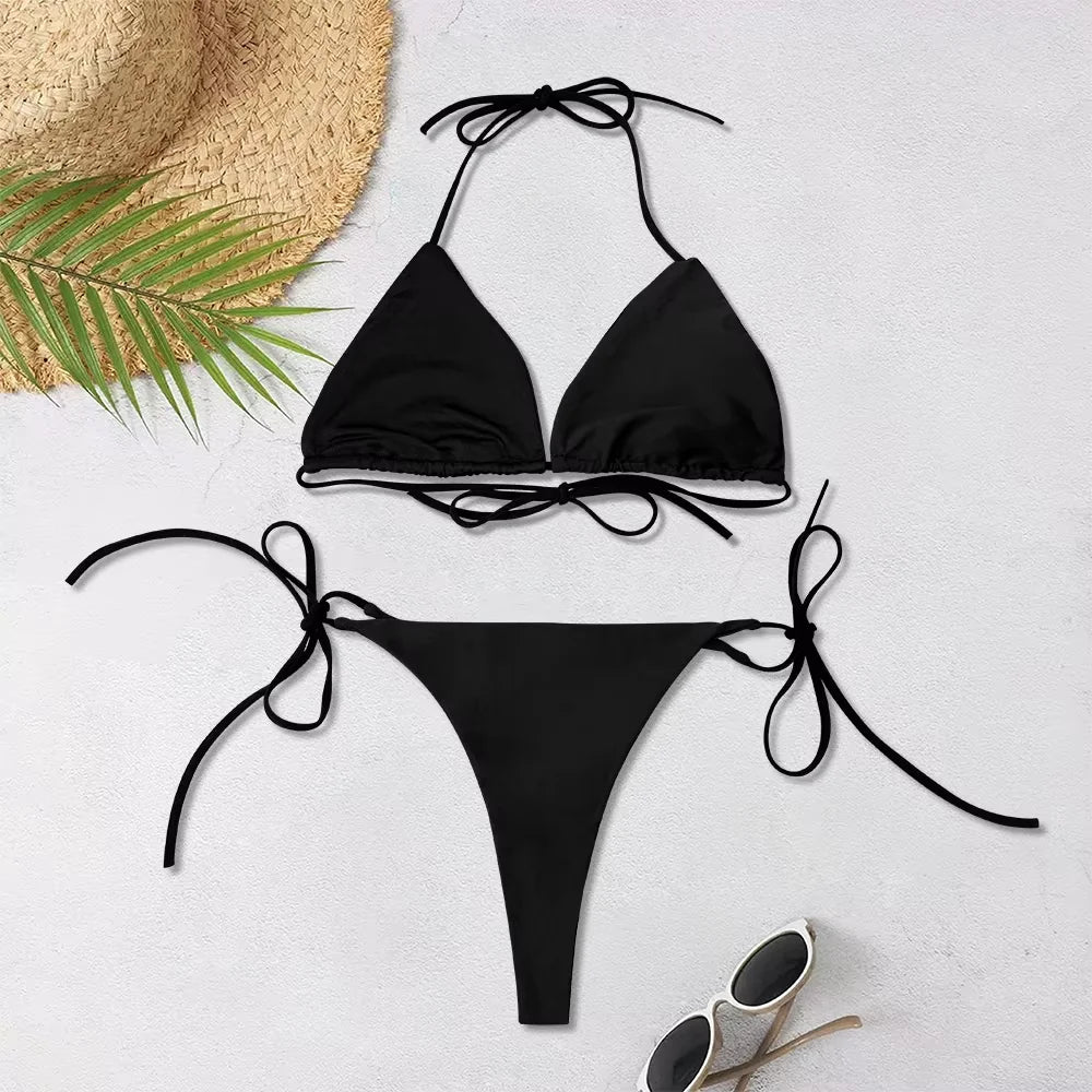 Solid-color Separate Beach Wear Sexy Halter Three-point Bikini