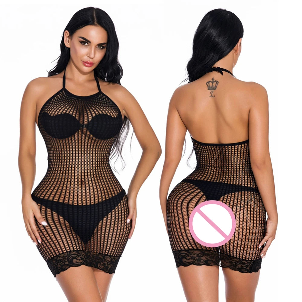 Sexy Off Shoulder Women Dresses Night Club Lace Fishnet Dress