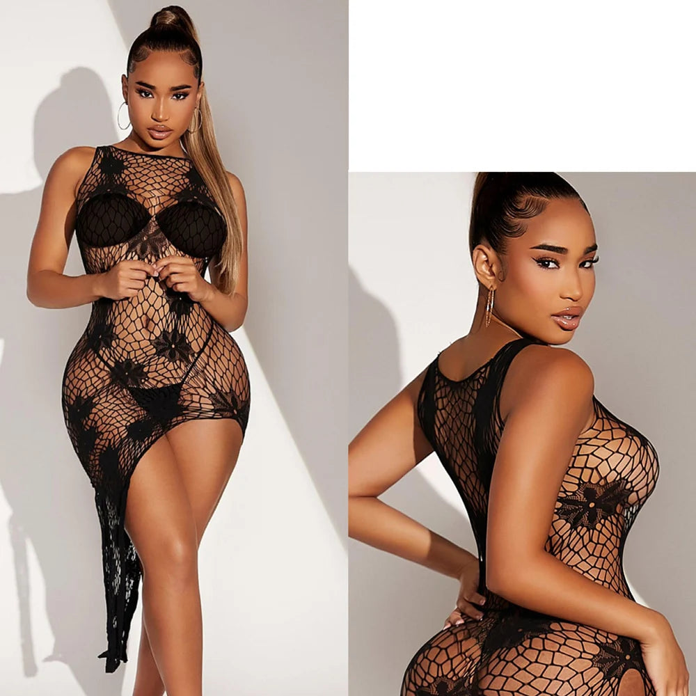 Sexy Off Shoulder Women Dresses Night Club Lace Fishnet Dress