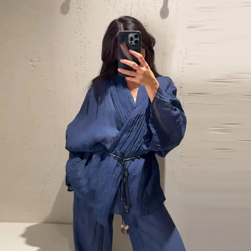 Tie Front Textured Women Set V-Neck Loose Set Wide Sleeve Drawstring Pants