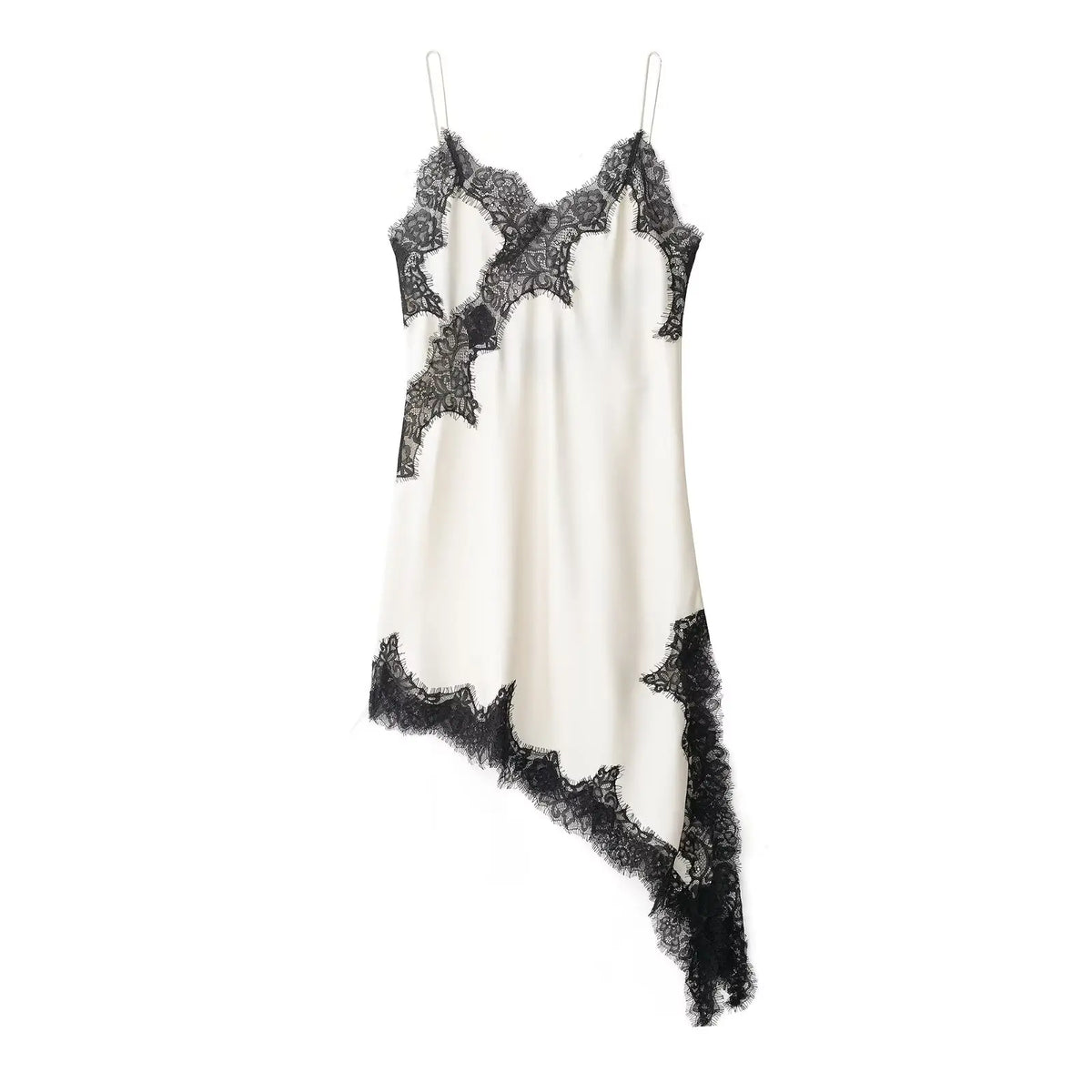 Satin Sexy Lace Spliced Short Sling Dress Asymmetrical  ﻿