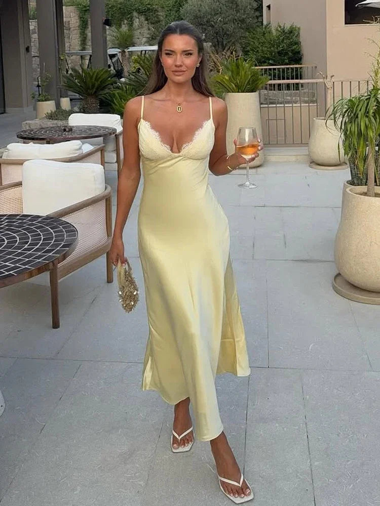 Satin Sexy Lace Spliced Sling Dress Women Sleeveless Backless Dress