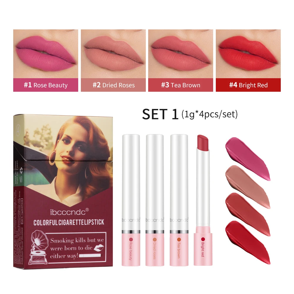4 pcs/set Cigarette Lipstick Set Long Lasting Lip Glaze Matte Lip Gloss Waterproof Lip Stick