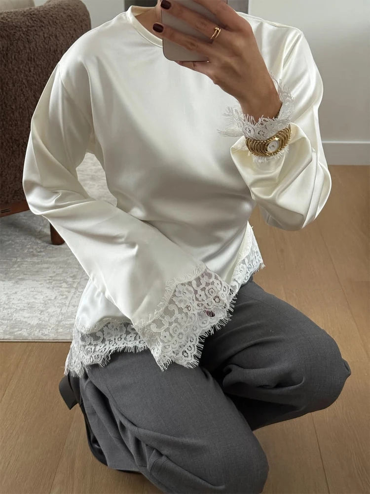 Satin Lace Top Women Casual Loose Long Sleeves