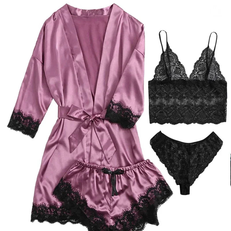 Women's Sexy Pajamas Lingerie Shorts 4-piece Lace Camisole Pajama Set