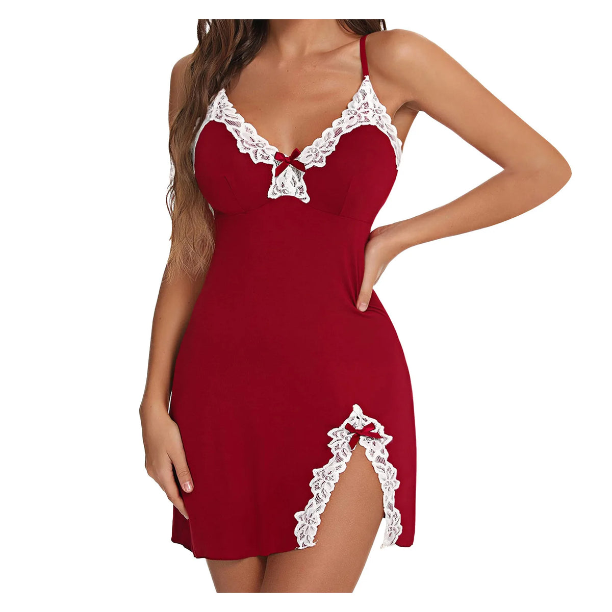 Sexy Sleepwear Women Lace Silk Satin V-Neck Nightgown Split Hem Soft Lingerie