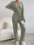 Knitted Two-Piece Set Casual V-Neck Long Pants Loose Fit