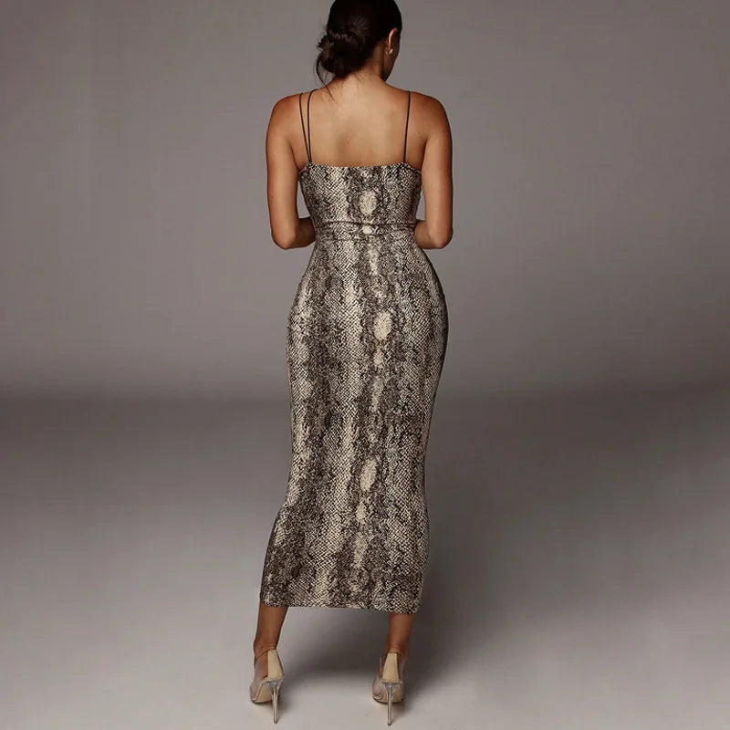 Sexy Leopard Sleeveless Elegant High Waist Spaghetti Strap Slim Evening Party Dresses