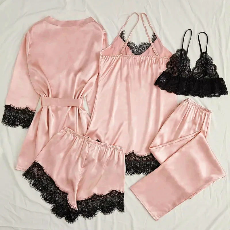 Satin Sleepwear Pajama Set Pink Sexy