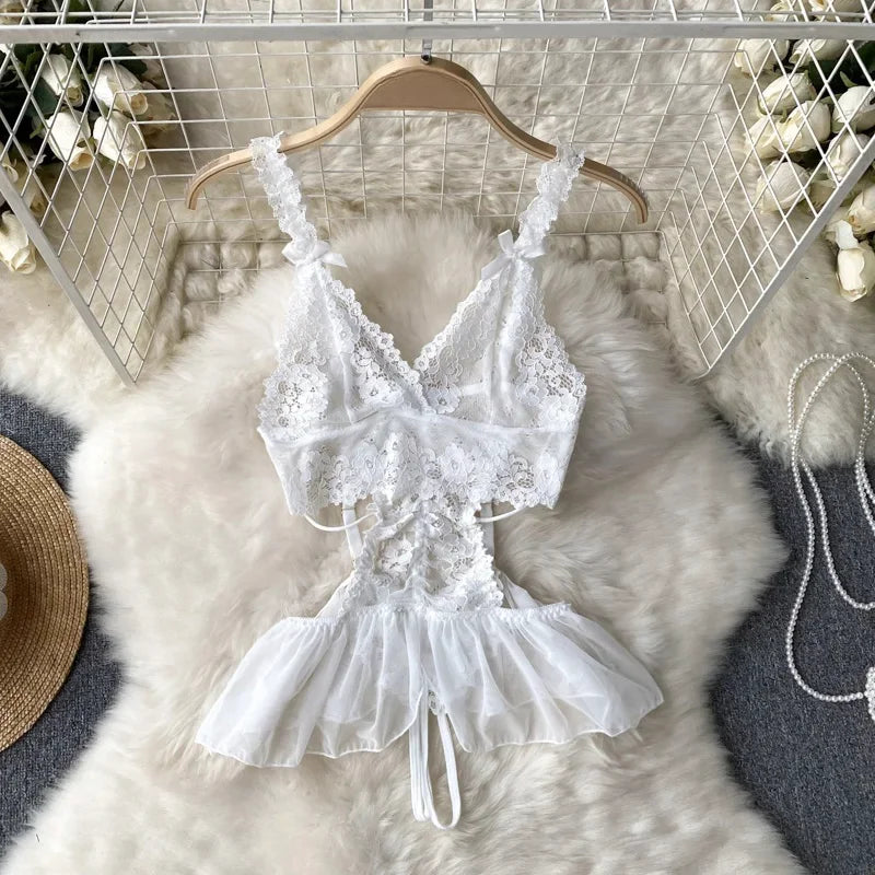 Sexy Lace Strap Jumpsuit Slim Fit Transparent Erotic Lingerie Catsuit