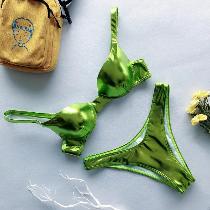 Metallic Summer Push Up Padded Bra Bathing Thong Bikini Set