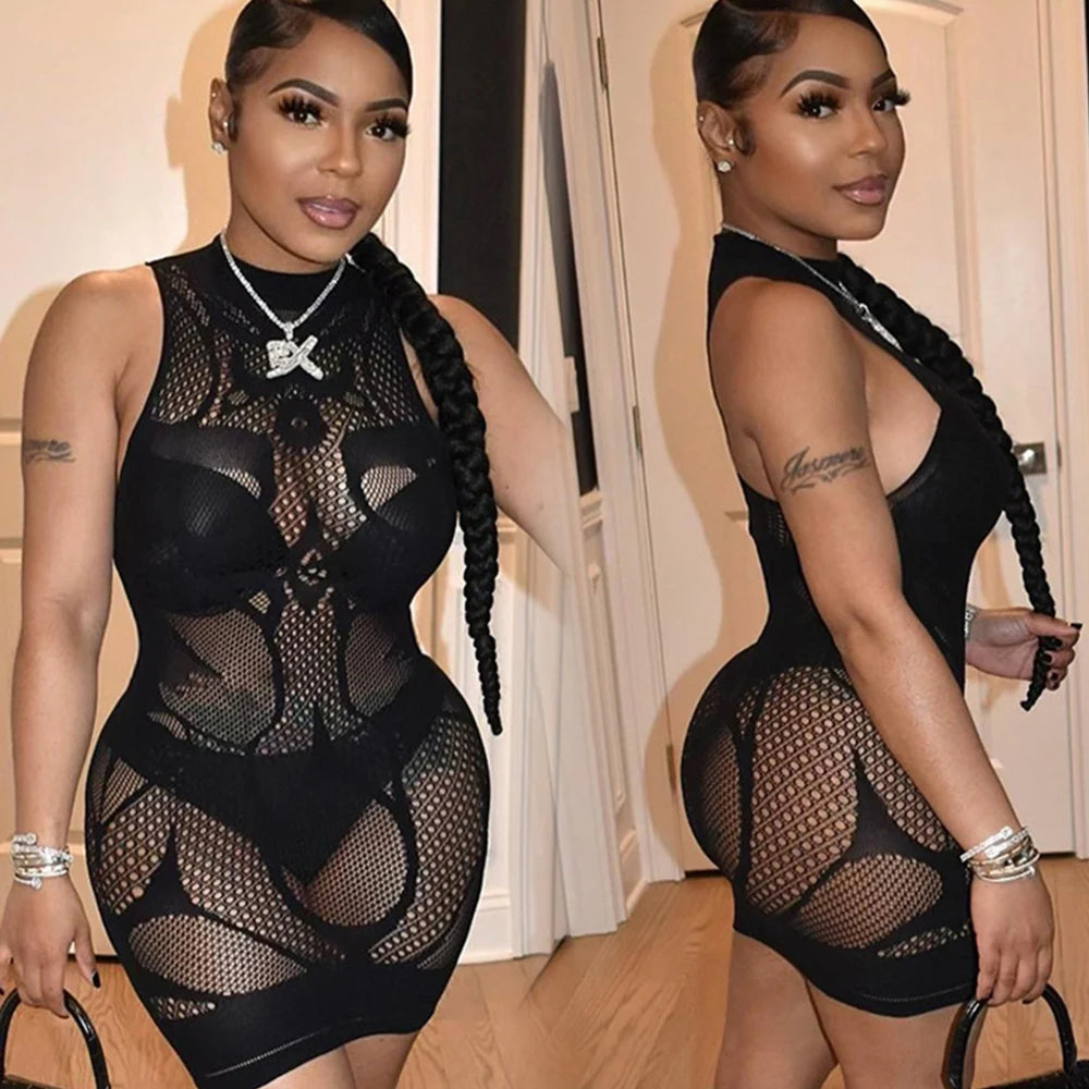 Sexy Off Shoulder Women Dresses Night Club Lace Fishnet Dress