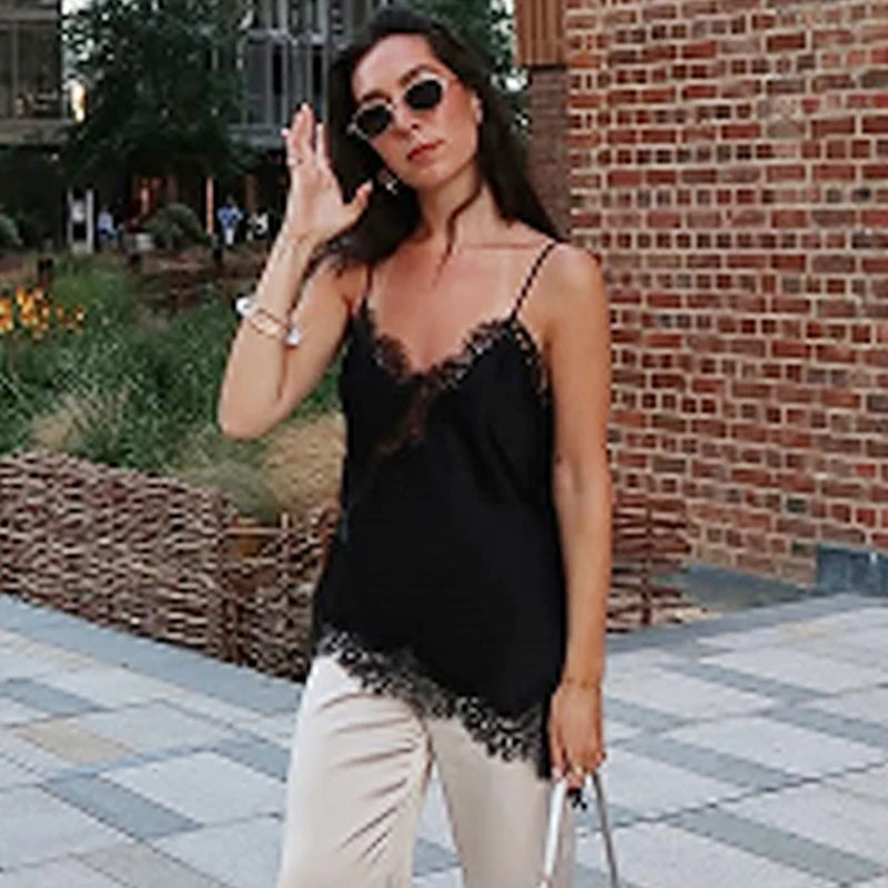 Asymmetrical Slip Top Women Tanks & Camis Lace Black Off Shoulder Backless