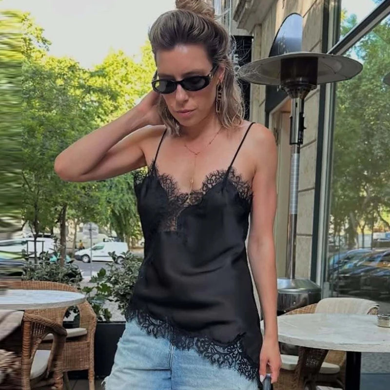 Asymmetrical Slip Top Women Tanks & Camis Lace Black Off Shoulder Backless