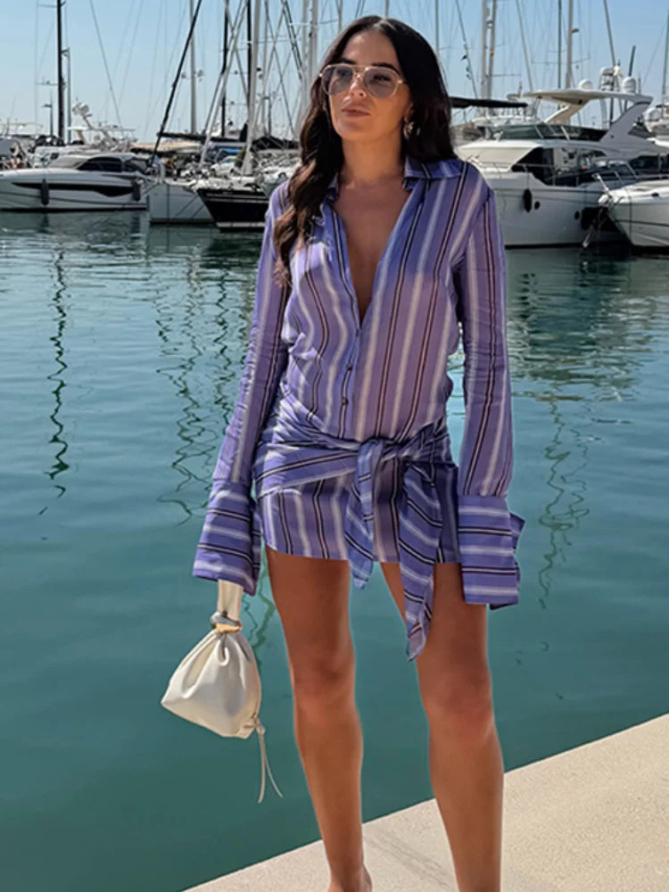 Stripe Wrap Tie Shirt Mini Dress Lapel Collar Long Flare Sleeve