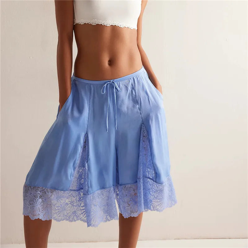 Women Lace Trim Shorts  Satin Low Rise Half Slip Pajamas Cute Bow Pants