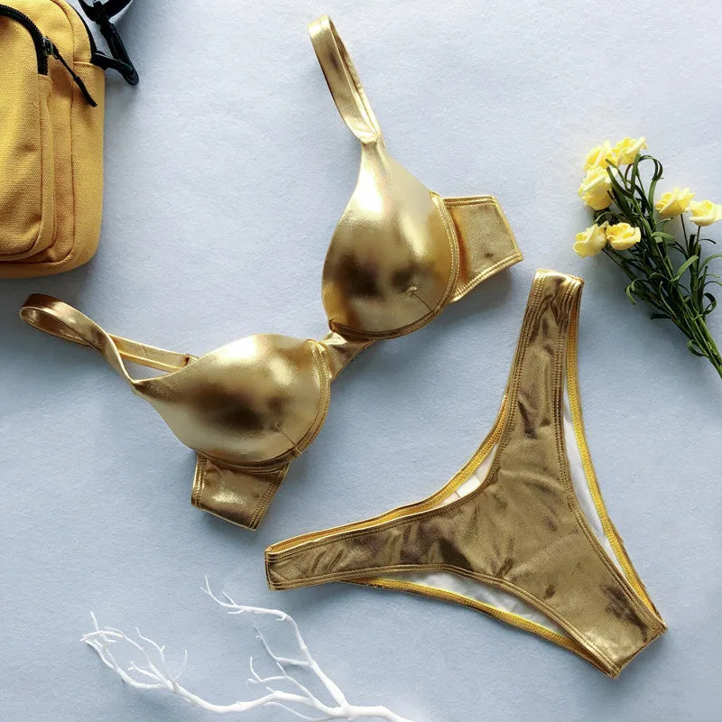 Metallic Summer Push Up Padded Bra Bathing Thong Bikini Set