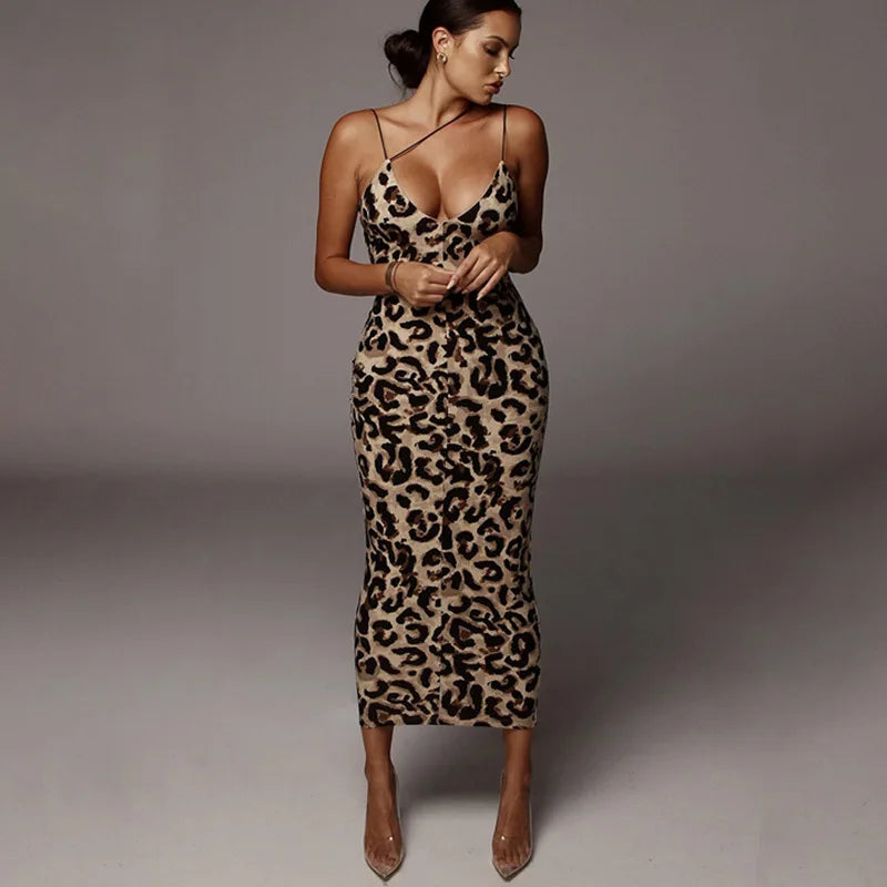 Sexy Leopard Sleeveless Elegant High Waist Spaghetti Strap Slim Evening Party Dresses