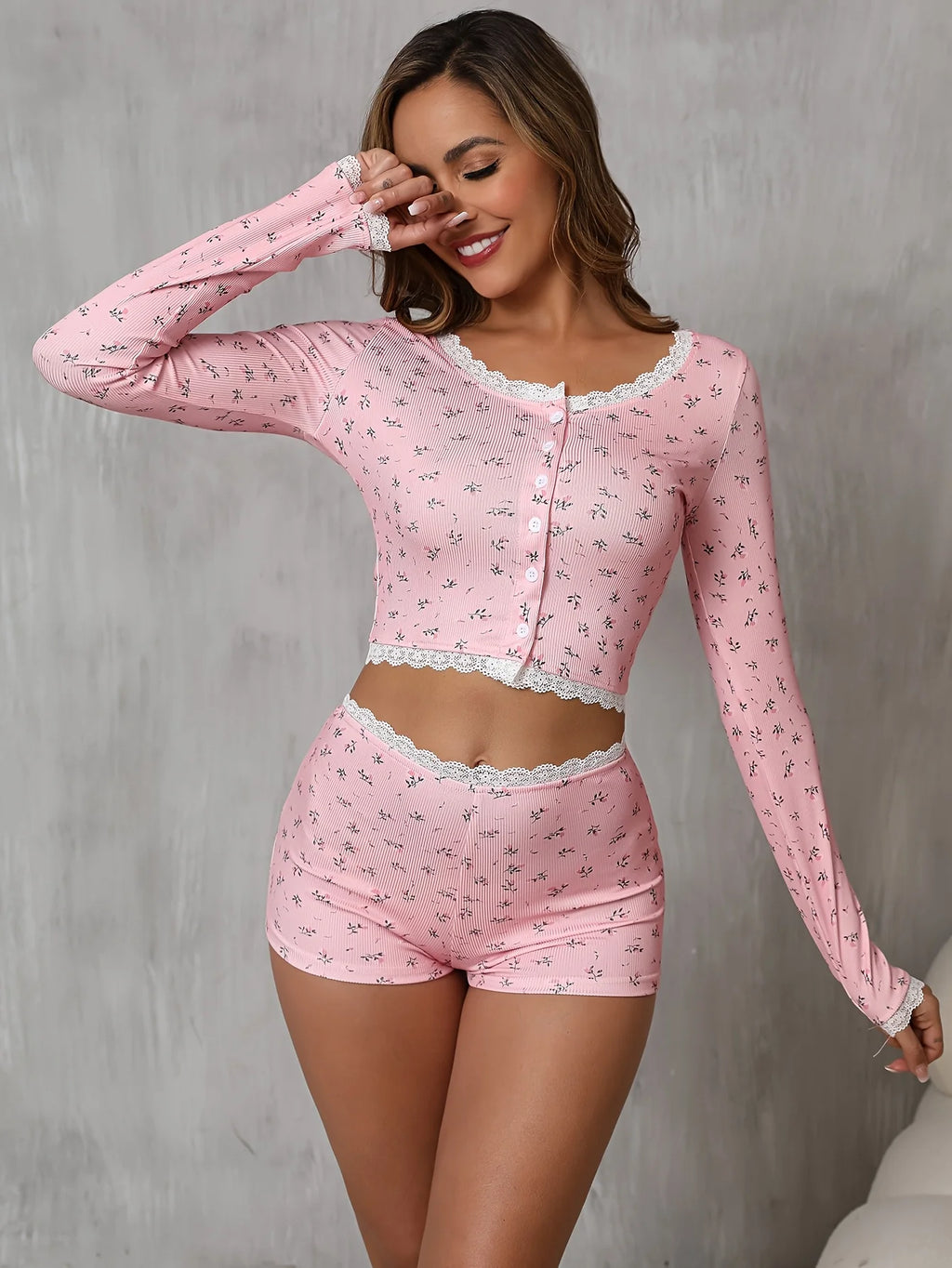 Women’s French Floral Lace Two Piece Set Long Sleeve Cardigan and Shorts