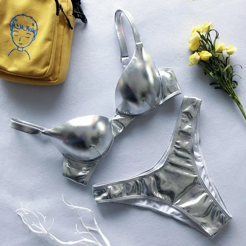 Metallic Summer Push Up Padded Bra Bathing Thong Bikini Set