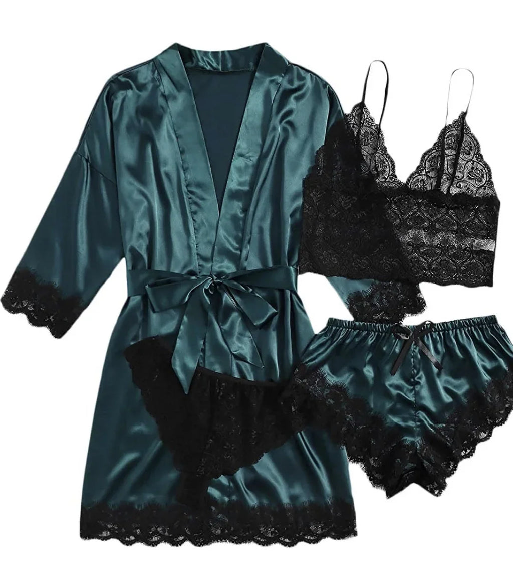 Women's Sexy Pajamas Lingerie Shorts 4-piece Lace Camisole Pajama Set