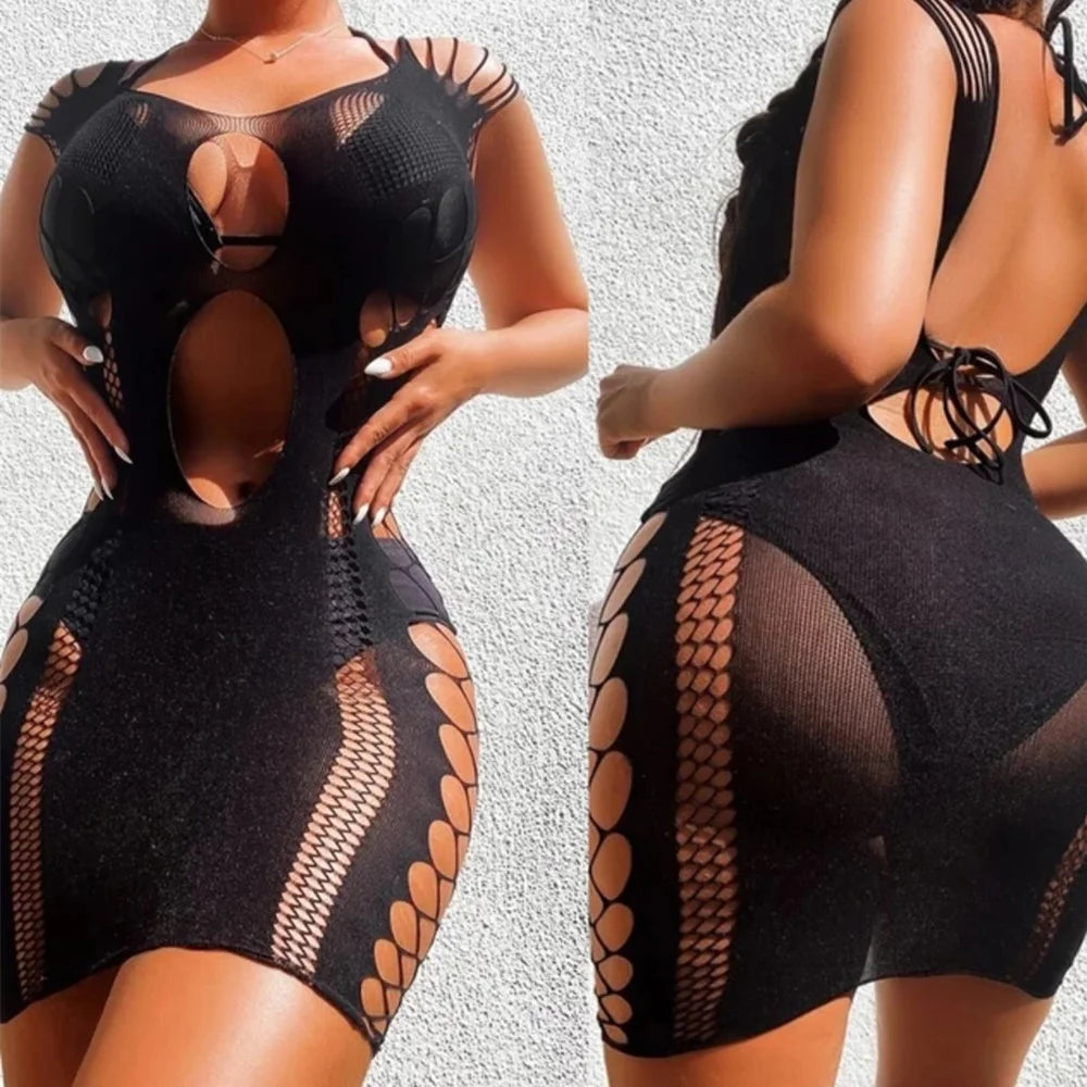 Sexy Off Shoulder Women Dresses Night Club Lace Fishnet Dress