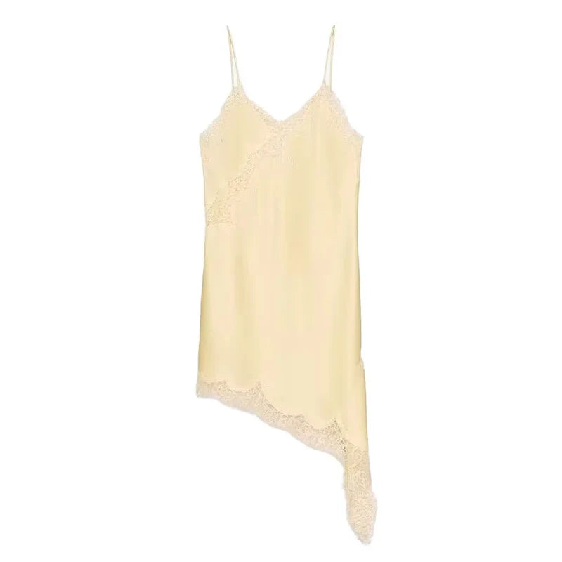 Satin Sexy Lace Spliced Short Sling Dress Asymmetrical  ﻿