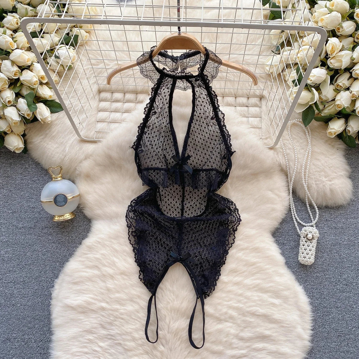 Sexy Lace Strap Jumpsuit Slim Fit Transparent Erotic Lingerie Catsuit
