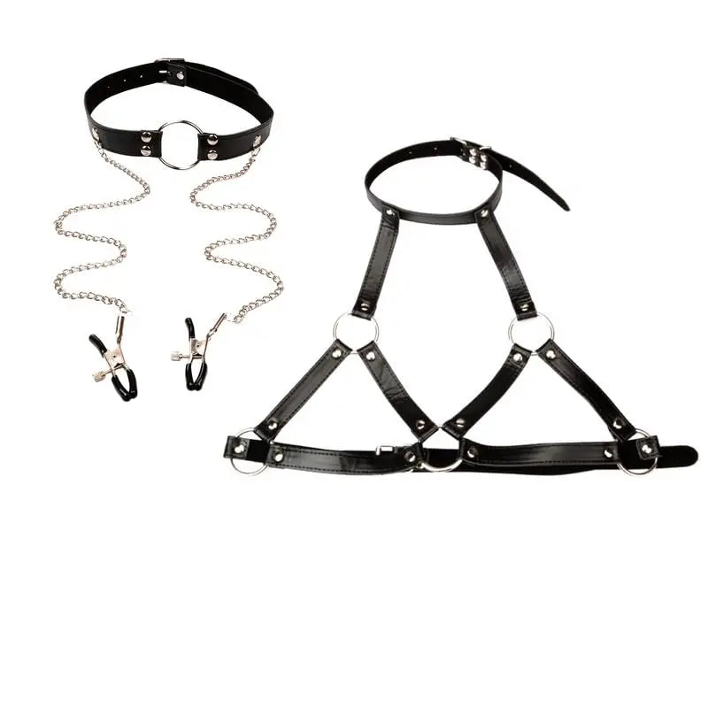 PU Leather Bondage Choker Collar with Nipple Clamp Neck Restraint
