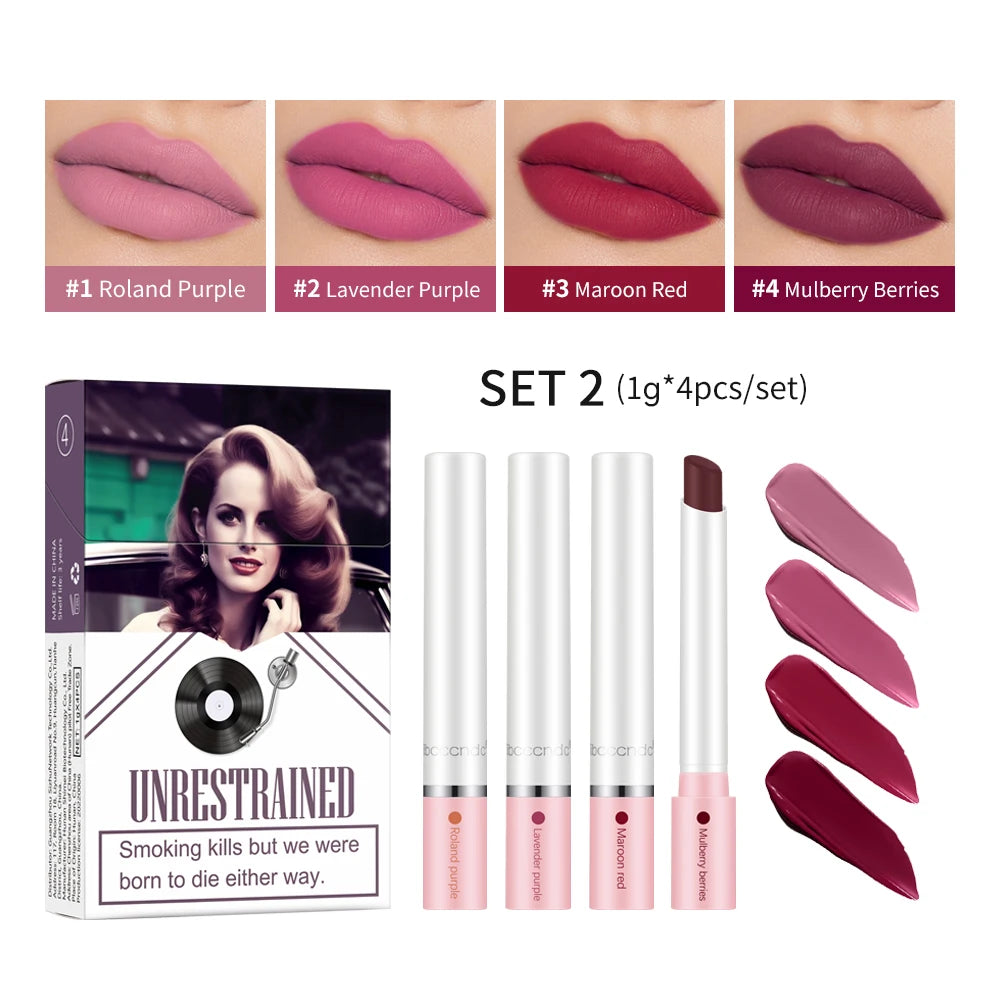 4 pcs/set Cigarette Lipstick Set Long Lasting Lip Glaze Matte Lip Gloss Waterproof Lip Stick