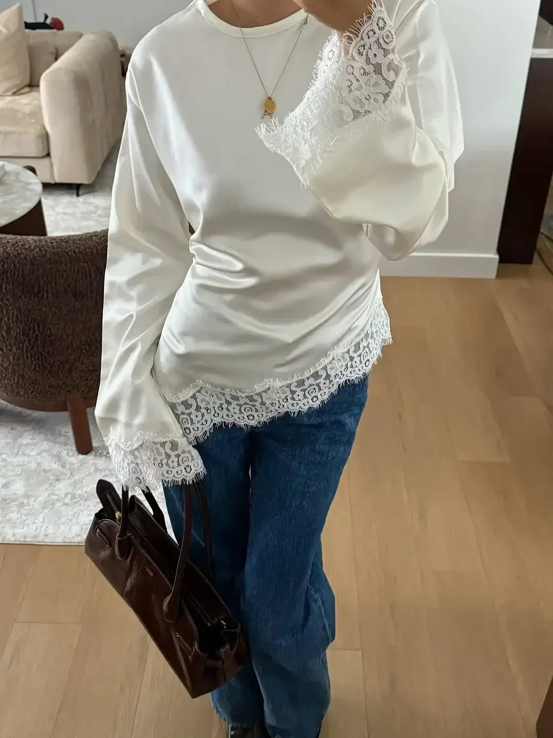Satin Lace Top Women Casual Loose Long Sleeves