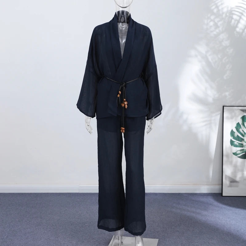 Tie Front Textured Women Set V-Neck Loose Set Wide Sleeve Drawstring Pants