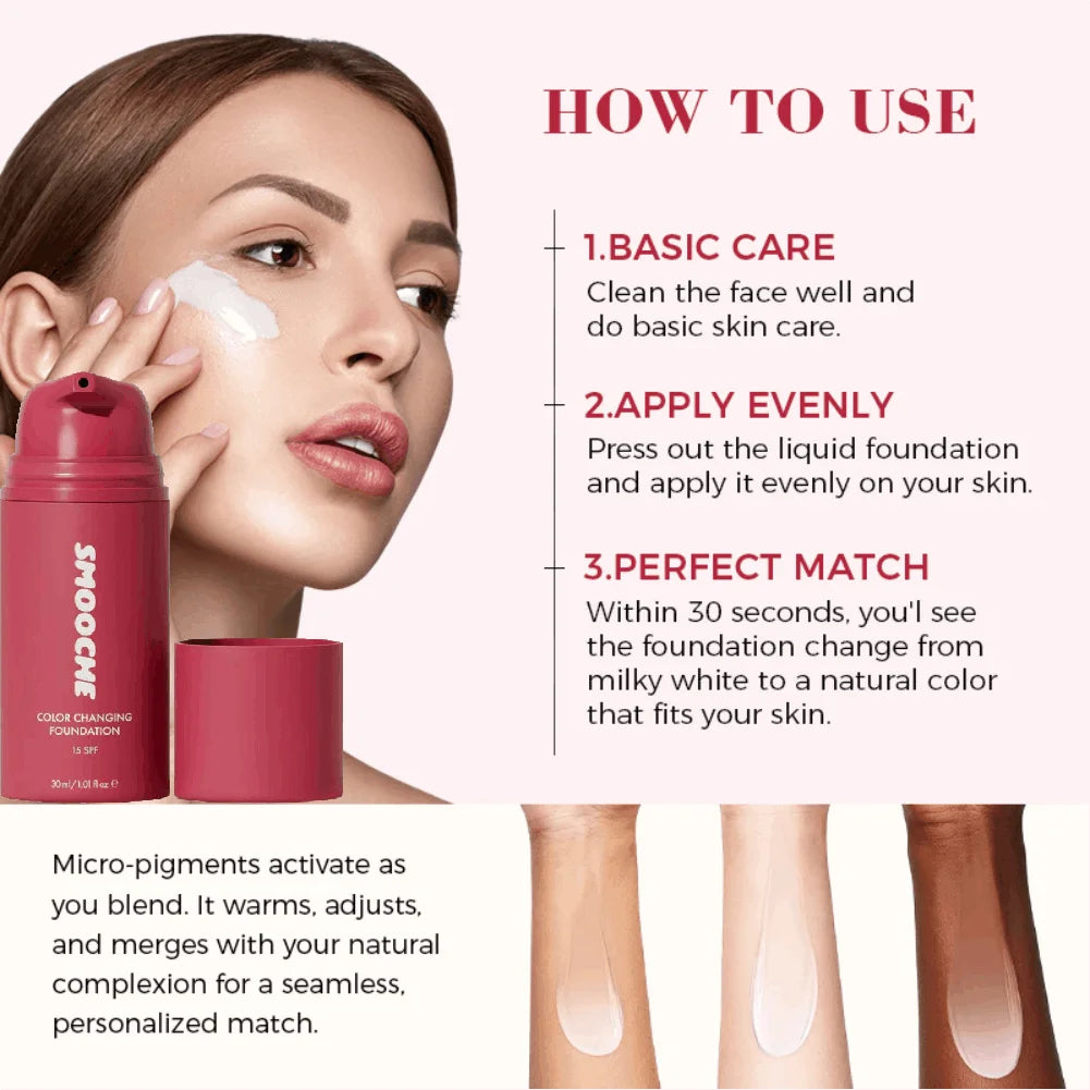 Smooche Color Changing Foundation Self-Adjusting Shade Long-Lasting Makeup