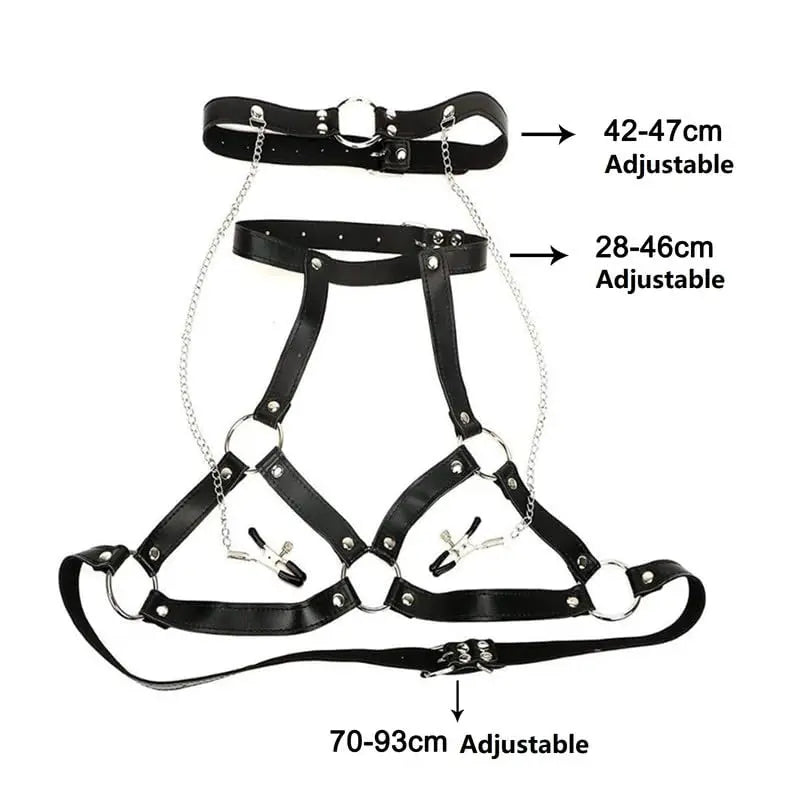 PU Leather Bondage Choker Collar with Nipple Clamp Neck Restraint