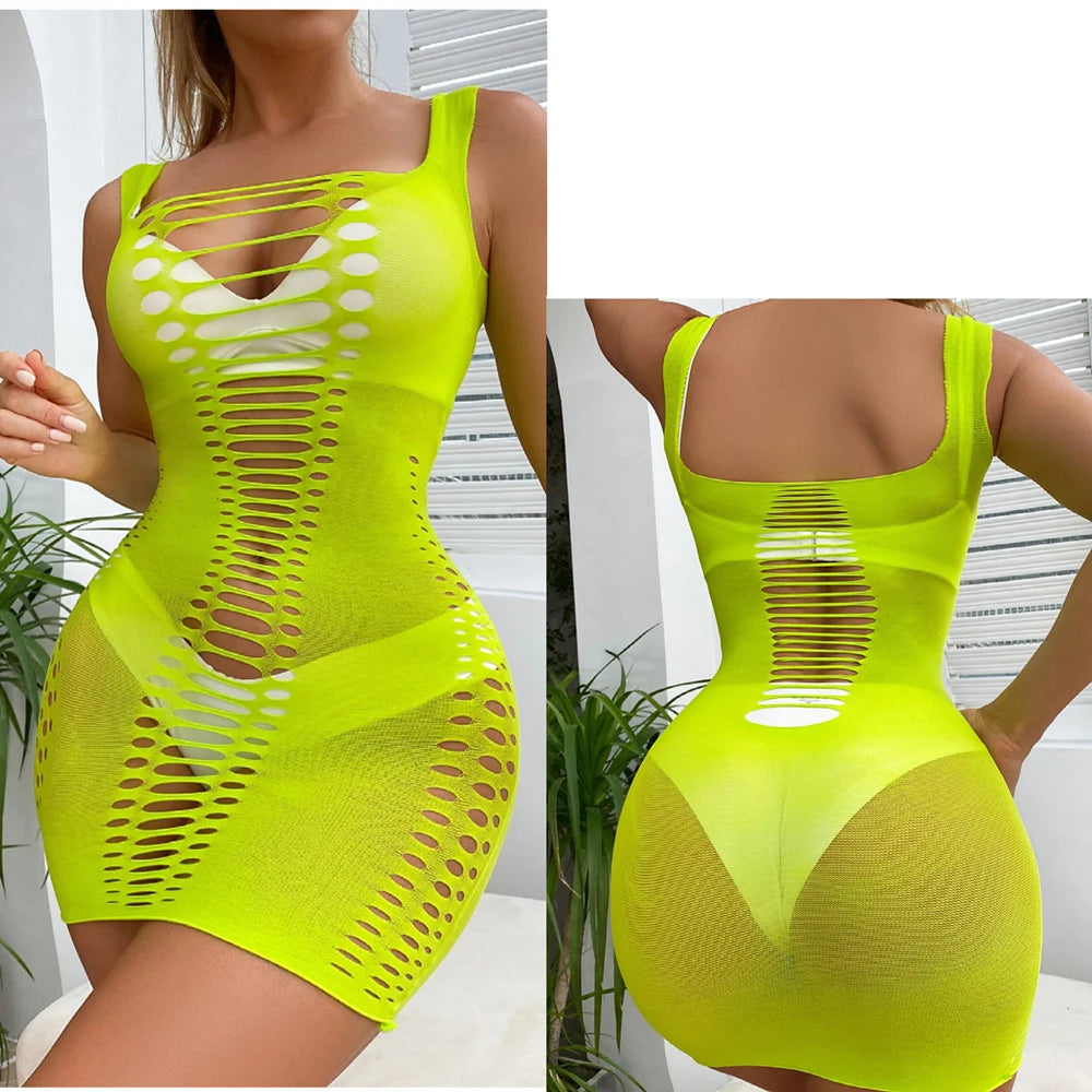 Sexy Off Shoulder Women Dresses Night Club Lace Fishnet Dress
