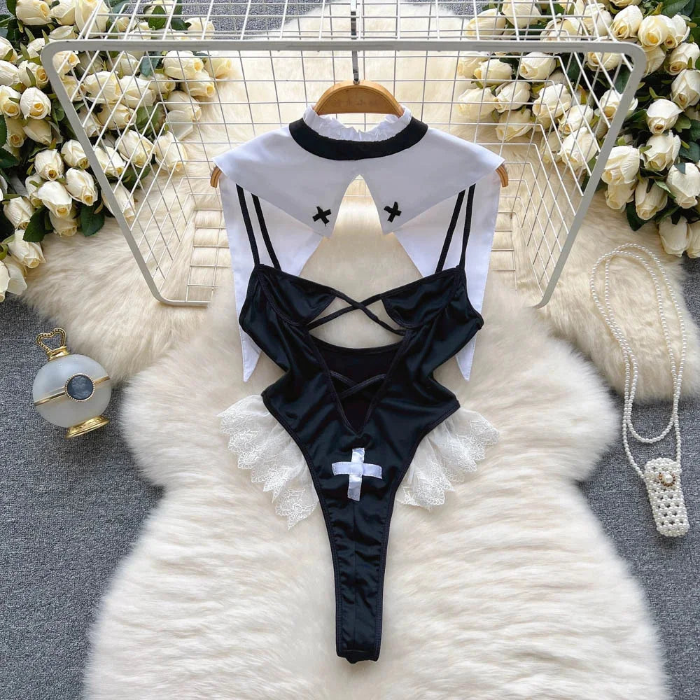 Sexy Lace Strap Jumpsuit Slim Fit Transparent Erotic Lingerie Catsuit