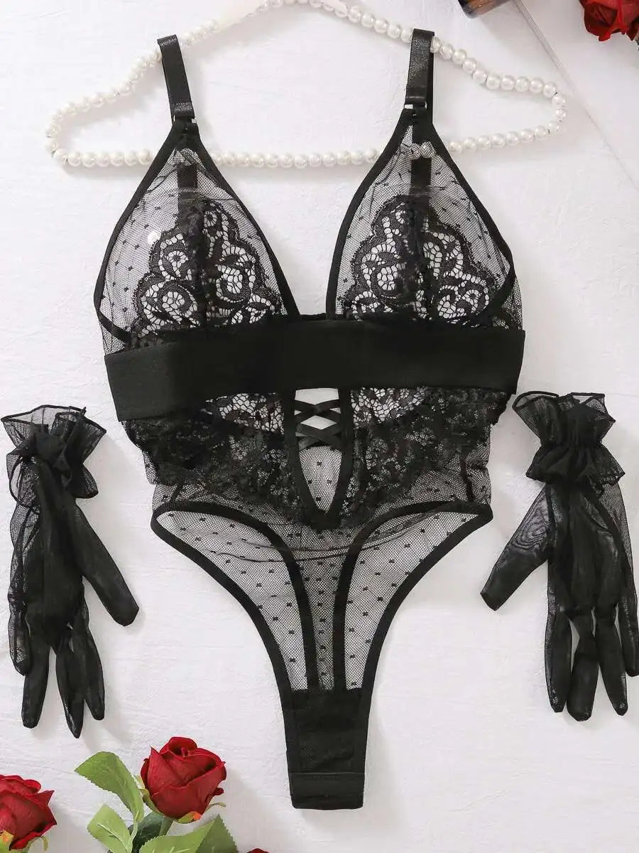 Sexy Bodysuits Polka Dot Mesh Flower Embroidery Lace Gloves