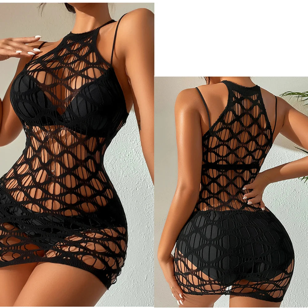 Sexy Off Shoulder Women Dresses Night Club Lace Fishnet Dress