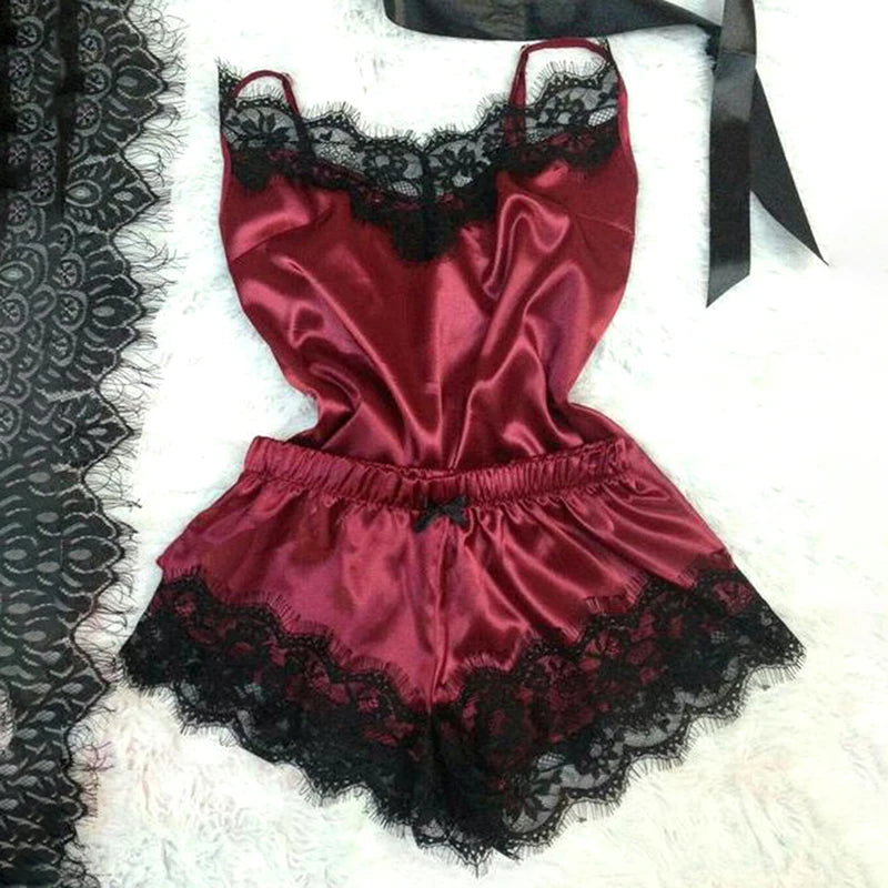 Lace Trim Satin Cami Top Pajama Sets Sexy