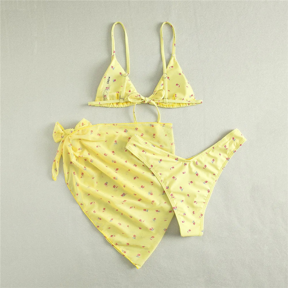 Yellow Floral Print Swimwear Mesh Cove Ups 3 Piece Bikini Set
